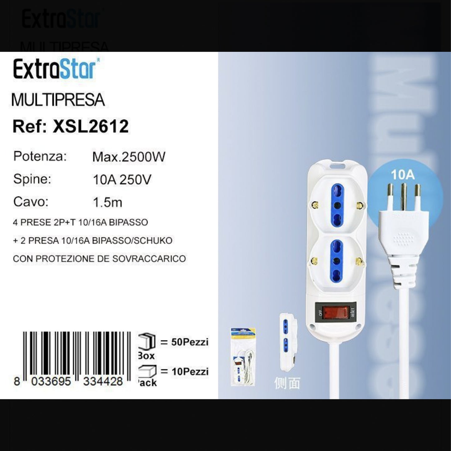 2 Pezzi Multipresa Bipasso e Schuko 10/16A, 6 Prese Totali, con Protezione da Sovraccarico, Spina Italiana 10A, Interruttore ON/Off, Cavo 1,5 m, Bianca– XSL2612