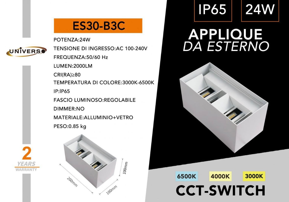 Applique LED Da Esterno 24W IP65 CCT 3000K-6500K – Modelli – Lampada da Muro Impermeabile Luce Regolabile per Giardino, Facciata, Ingresso ES30-3C