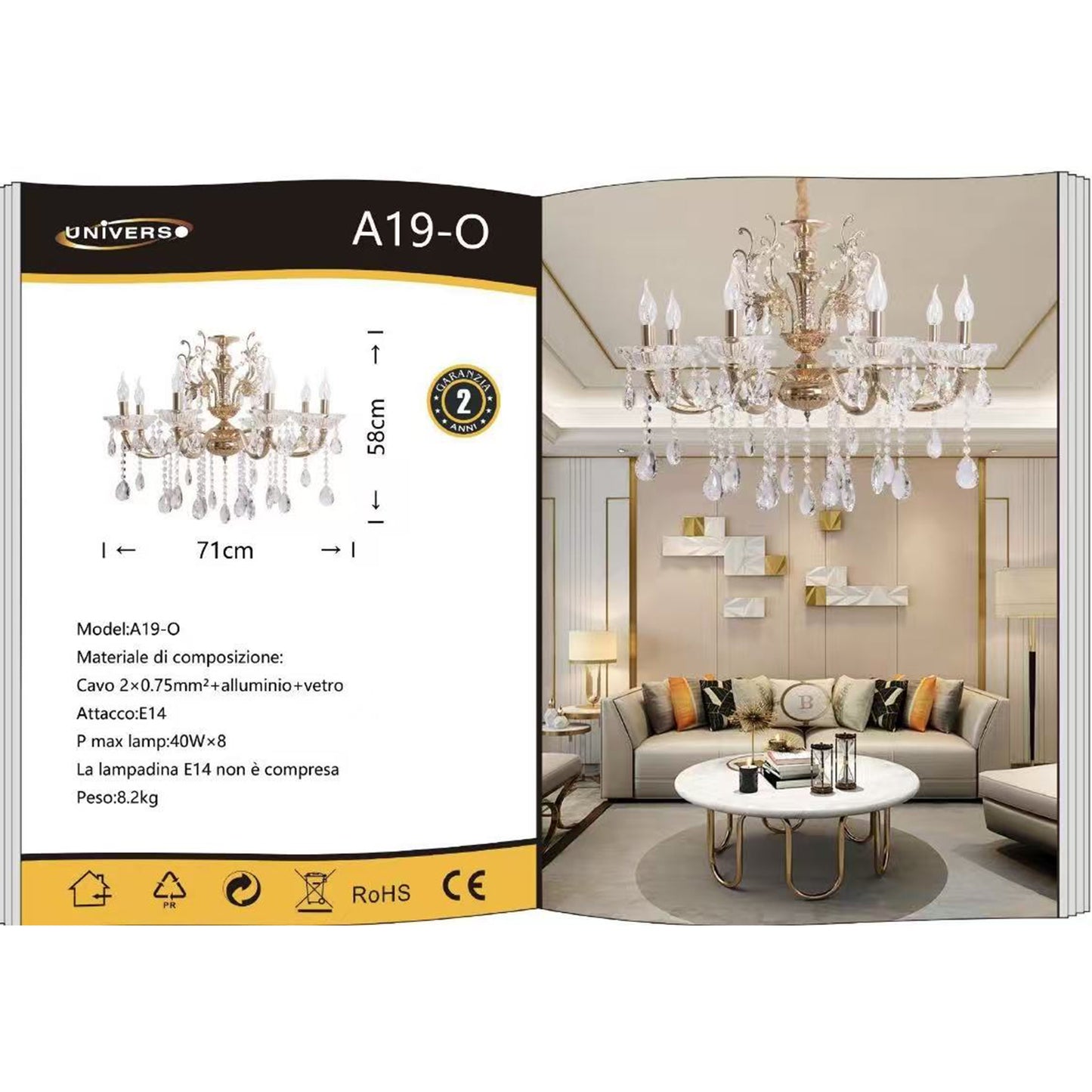 Lampadario in Cristallo Classico 8 Luci E14 per Soggiorno Sala da Pranzo 71cm A19
