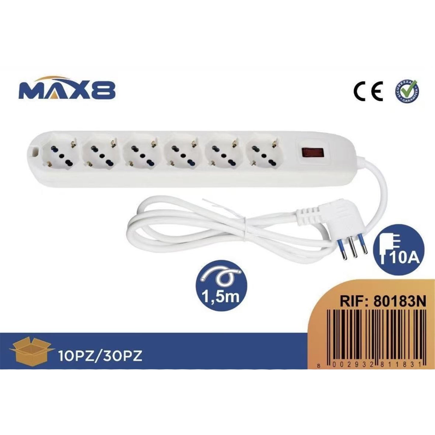 2 Pezzi Multipresa 6 Prese Universali 10A con Interruttore, Spina Italiana, Cavo 1,5 m, Protezione Sovraccarico– Modello 80183N