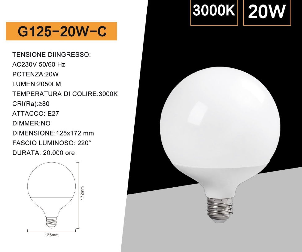 Lampadine LED E27 G125 20W, Confezione da 6 Pezzi, 2050LM, Globo Grande Ø125 mm, Luce Naturale 4000K, CRI>80, Angolo 220°,Risparmio Energetico, Modello G125-20W