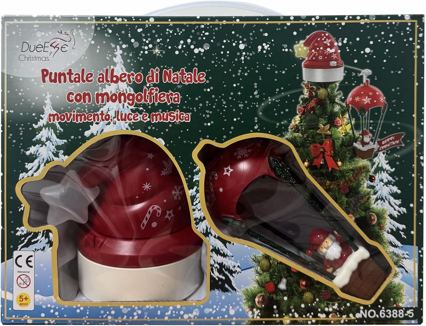 Puntale Albero di Natale con Mongolfiera – Decorazione con Movimento, Luce e Musica, Alimentazione USB, Effetto Rotante per Albero di Natale 245324
