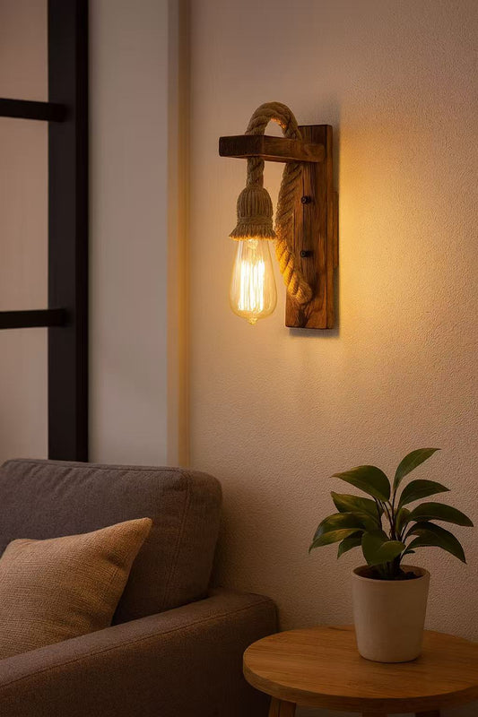 TEKHOME Applique da Muro in Legno con Corda, Portalampada E27 Vintage, Lampada da Parete Rustica Industriale per Soggiorno, Camera, Corridoio, Ristorante e Bar-E70