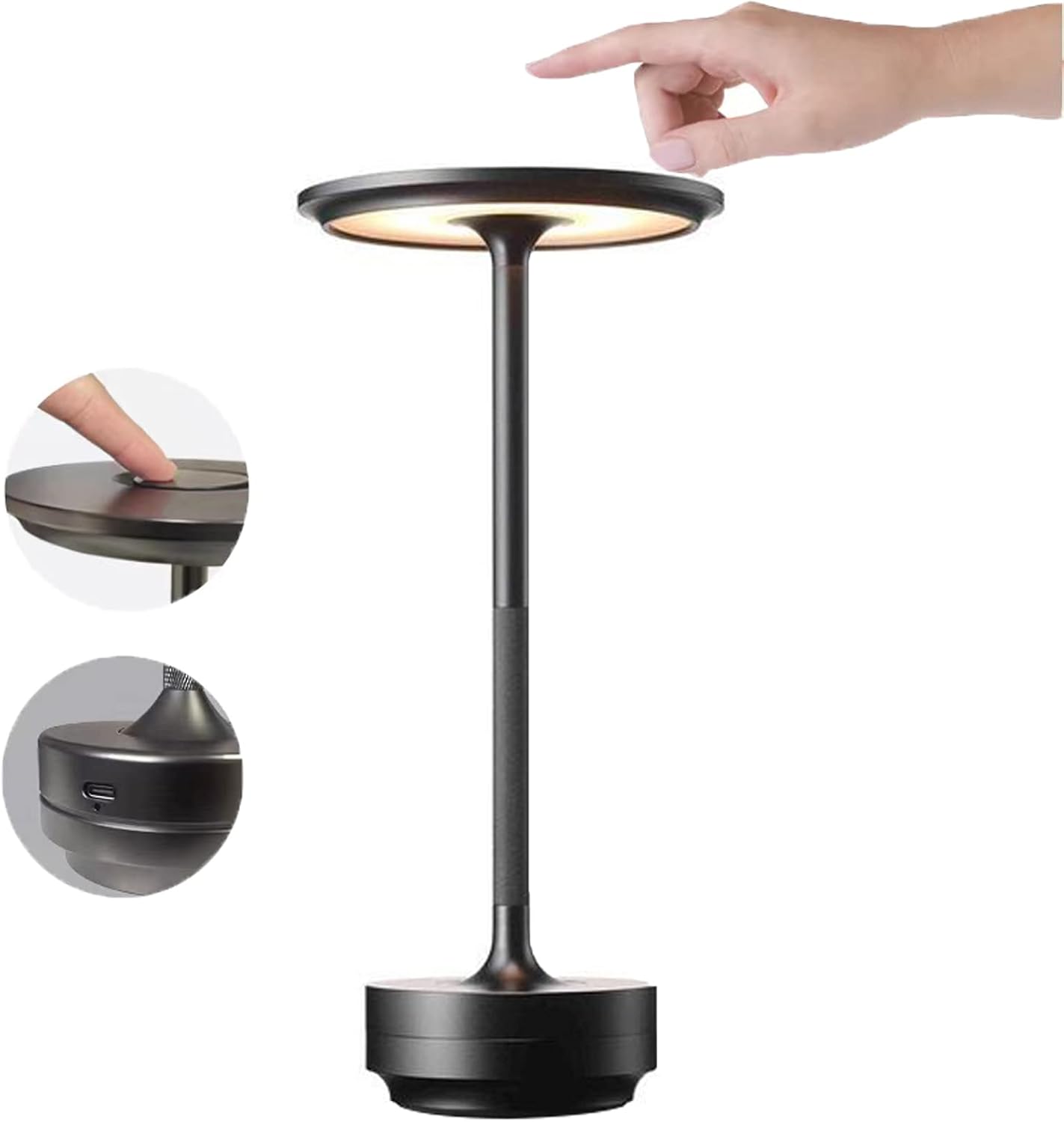 Lampada da Tavolo LED Ricaricabile 3W – Touch Dimmer, 3 Temperature di Colore 3000K/4500K/6000K, Luce Notturna Moderna in Alluminio, Senza Fili – Nero/Oro D38