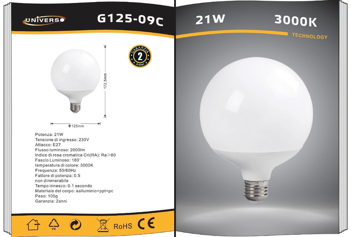 Lampadine LED E27 G125 21W, Confezione da 6 Pezzi, 2000LM, Globo Grande Ø125 mm, Naturale 4000K, CRI>80, Angolo 220°, Risparmio Energetico, Modello G125-09N