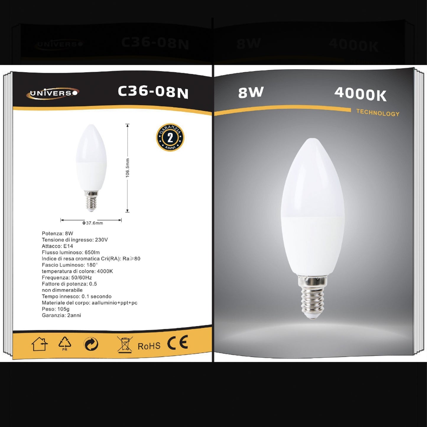 6 Pezzi Lampadina LED E14 Candela 8W, Luce Bianco Caldo/Naturale/Freddo, Alta Luminosità, Risparmio Energetico – C36-08