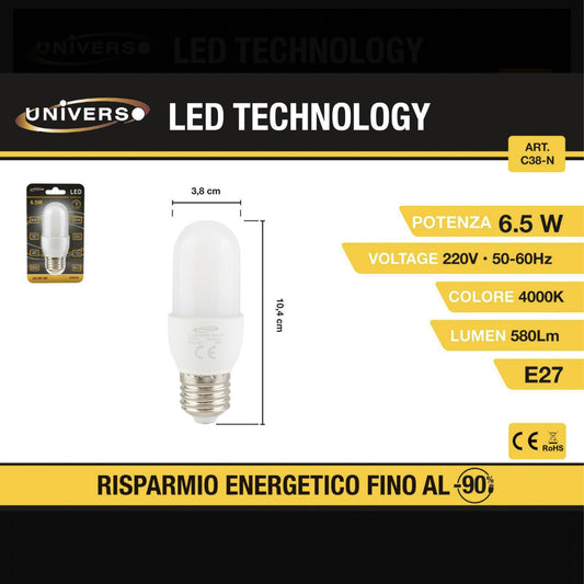 Lampadina LED E27 6.5W, 580 Lumen, Luce Naturale 4000K, Risparmio Energetico, Set da 5 Pezzi – Modello C38-N