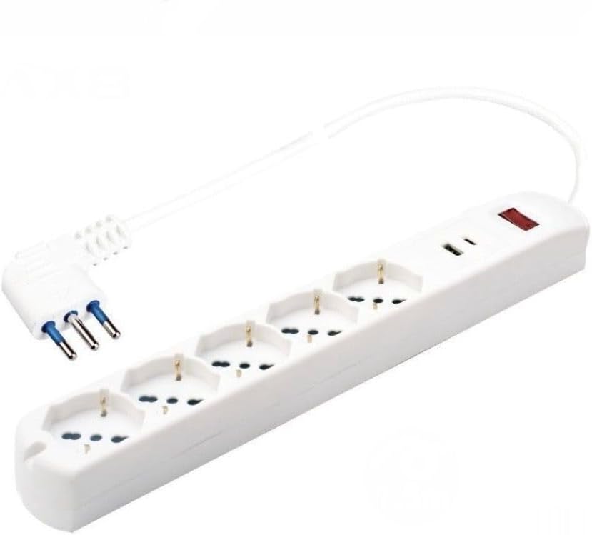 Multipresa con USB A e USB-C, 5 Prese Universali 10A, Interruttore di Sicurezza, Cavo 1,5 m, Presa Italiana per Casa e Ufficio – 80082