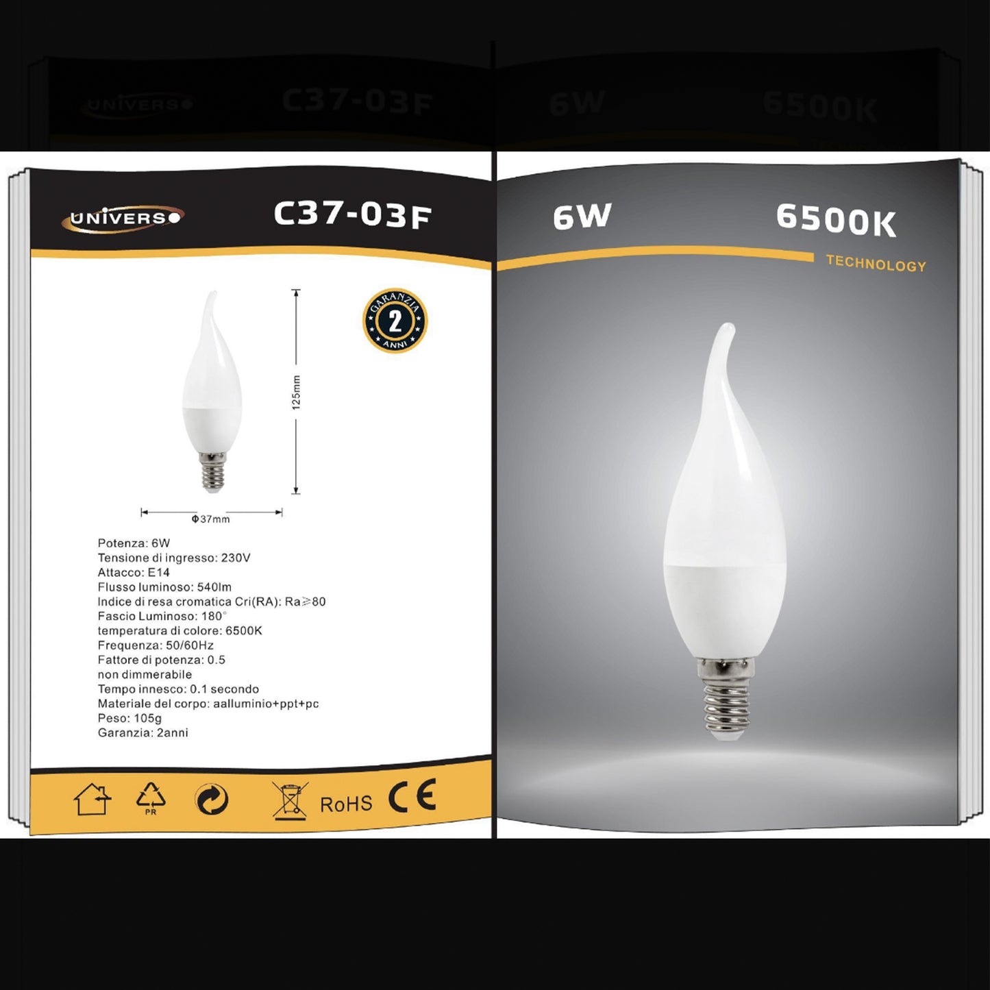 6 Pezzi Lampadina LED E14 C37 6W Candela, 230V, Risparmio Energetico, Luce Bianca/Fredda/Calda – Serie C37-03