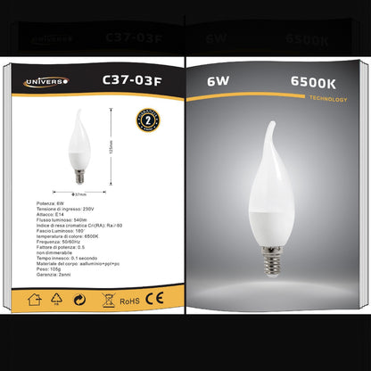 6 Pezzi Lampadina LED E14 C37 6W Candela, 230V, Risparmio Energetico, Luce Bianca/Fredda/Calda – Serie C37-03