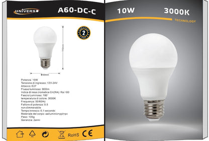 Lampadine LED E27 DC 12V-24V 10W, Confezione da 6 Pezzi, 900LM, Naturale 4000K, CRI>80, Lampadina Bassa Tensione per Camper, Barca, Impianto Solare,A60-DC