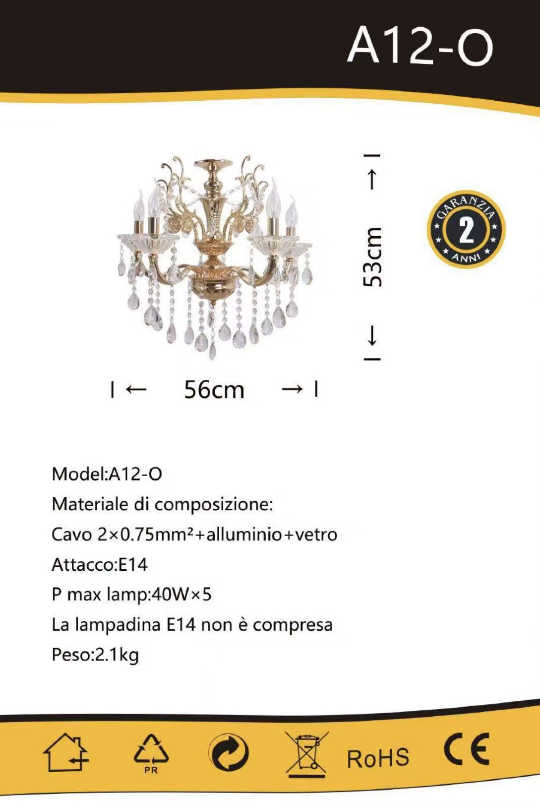 TEKHOME Lampadario Sospeso Design con 5 Luci, Vetro e Struttura Oro, Attacco E14, 40W Max per Lampada, per Interni, Dimensioni 56x53cm (Lampadine Non Incluse) A12-O