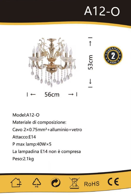 TEKHOME Lampadario Sospeso Design con 5 Luci, Vetro e Struttura Oro, Attacco E14, 40W Max per Lampada, per Interni, Dimensioni 56x53cm (Lampadine Non Incluse) A12-O