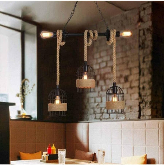 Lampadario Industriale a Sospensione 5 Luci E27, Design Vintage con Corda di Canapa, Lampada da Soffitto per Cucina Sala da Pranzo Ristorante Bar – B60-5