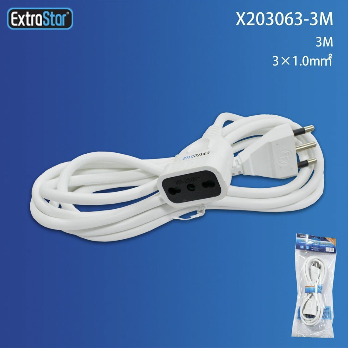 2Pezzi Prolunga Elettrica Lineare 3m 16A 2P+T, Cavo 3×1.0 mm², Spina e Presa Europea, Uso Domestico – Modello X203063-3M