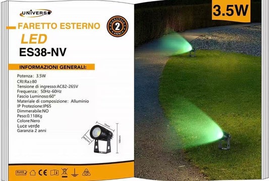 Faretto LED da Esterno 3,5W Luce Verde, IP65, Faretto Orientabile per Giardino e Vialetti, Corpo in Alluminio – ES38-NV