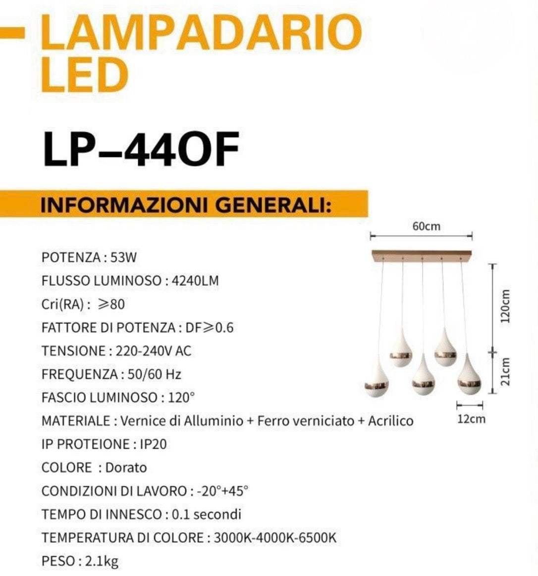 TEKHOME Lampadario LED moderno a 5 luci, design a goccia, colore dorato, 53W 4240LM, colore della luce 6500K, per soggiorno, sala da pranzo, cucina LP-44OF
