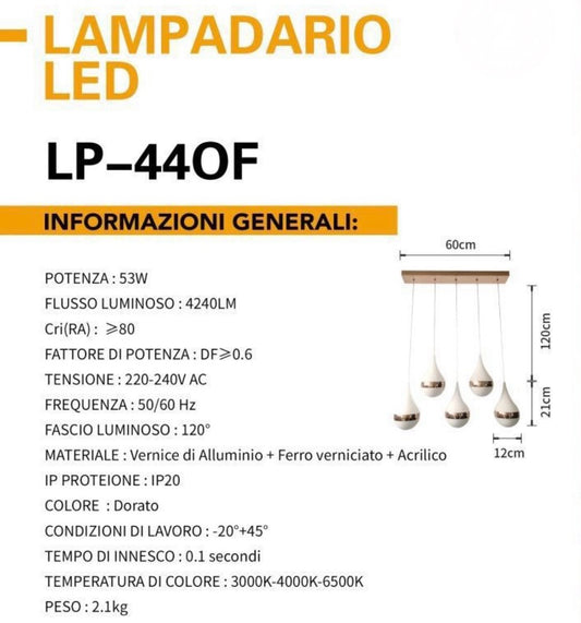 TEKHOME Lampadario LED moderno a 5 luci, design a goccia, colore dorato, 53W 4240LM, colore della luce 6500K, per soggiorno, sala da pranzo, cucina LP-44OF