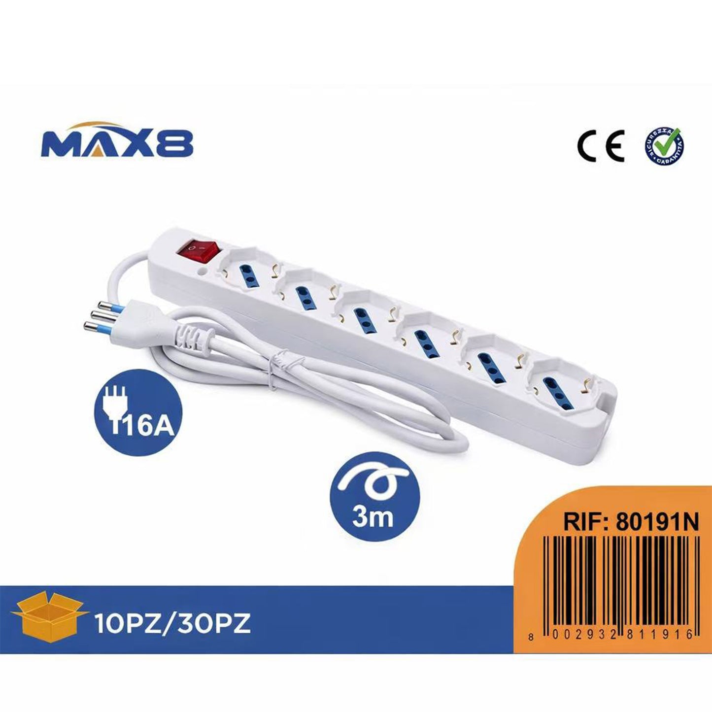 2 Pezzi – Multipresa 6 Prese Universali 16A con Interruttore Luminoso, Cavo 3 m, Spina Italiana Tipo L, Ciabatta Elettrica Bianca per Casa e Ufficio –80191N