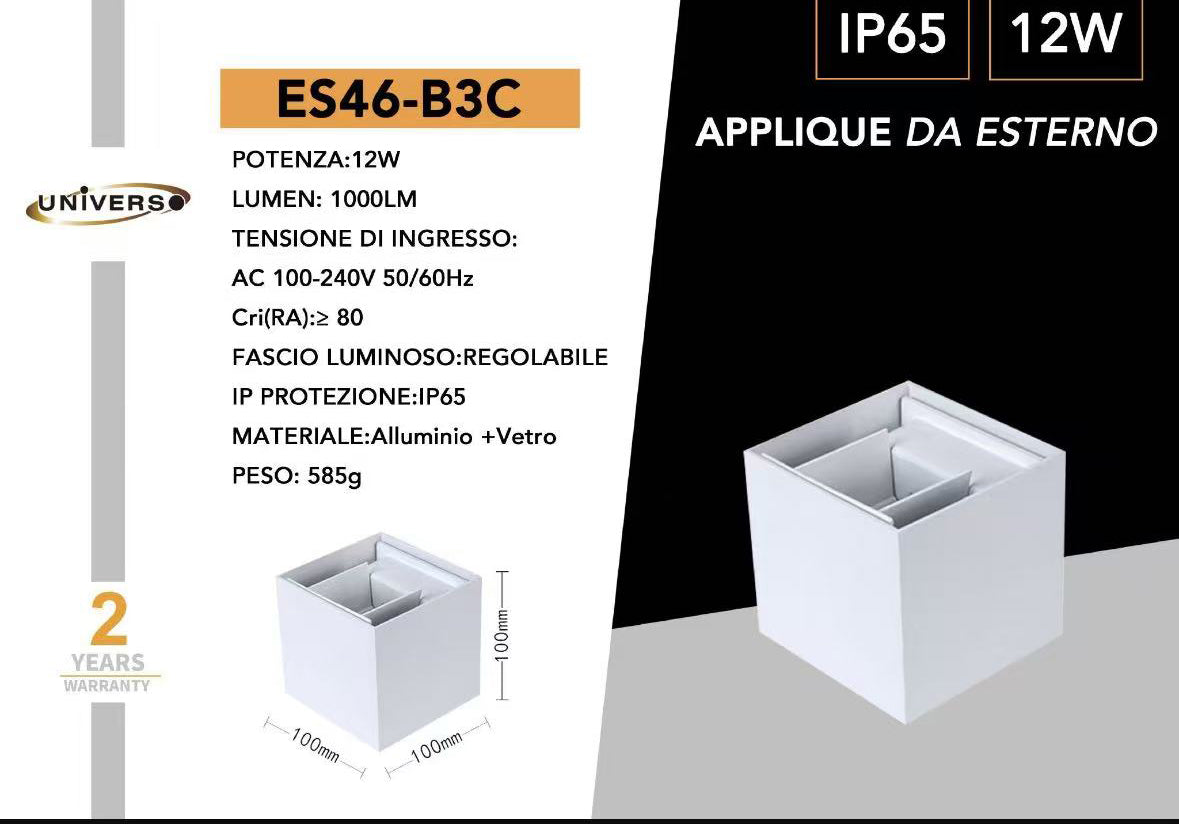 Applique da Esterno LED 12W IP65 – Lampada da Parete Regolabile con Fasci di Luce su e giù, CCT Switch 3000K/4000K/6500K, Alluminio Impermeabile per Facciata e Giardino ES46-3C