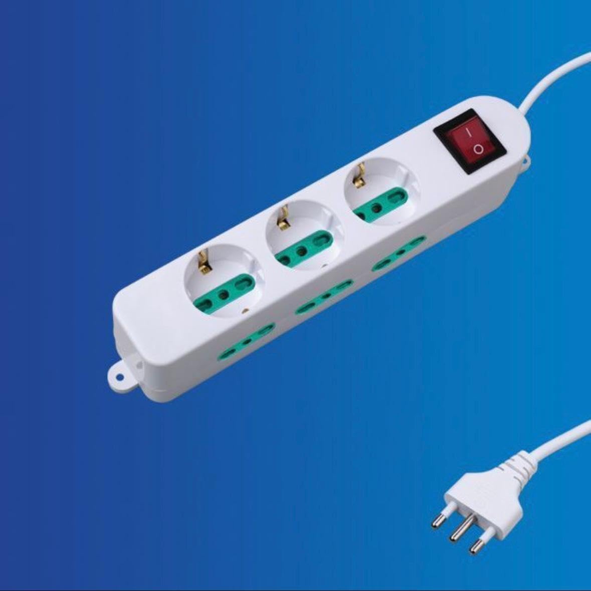 2 Pezzi Multipresa Italiana con Interruttore, 3 Prese Schuko con 6 Ingressi Bipasso 10/16A, Spina Tipo L 16A, Max 2500W, Bianca– C-X203075