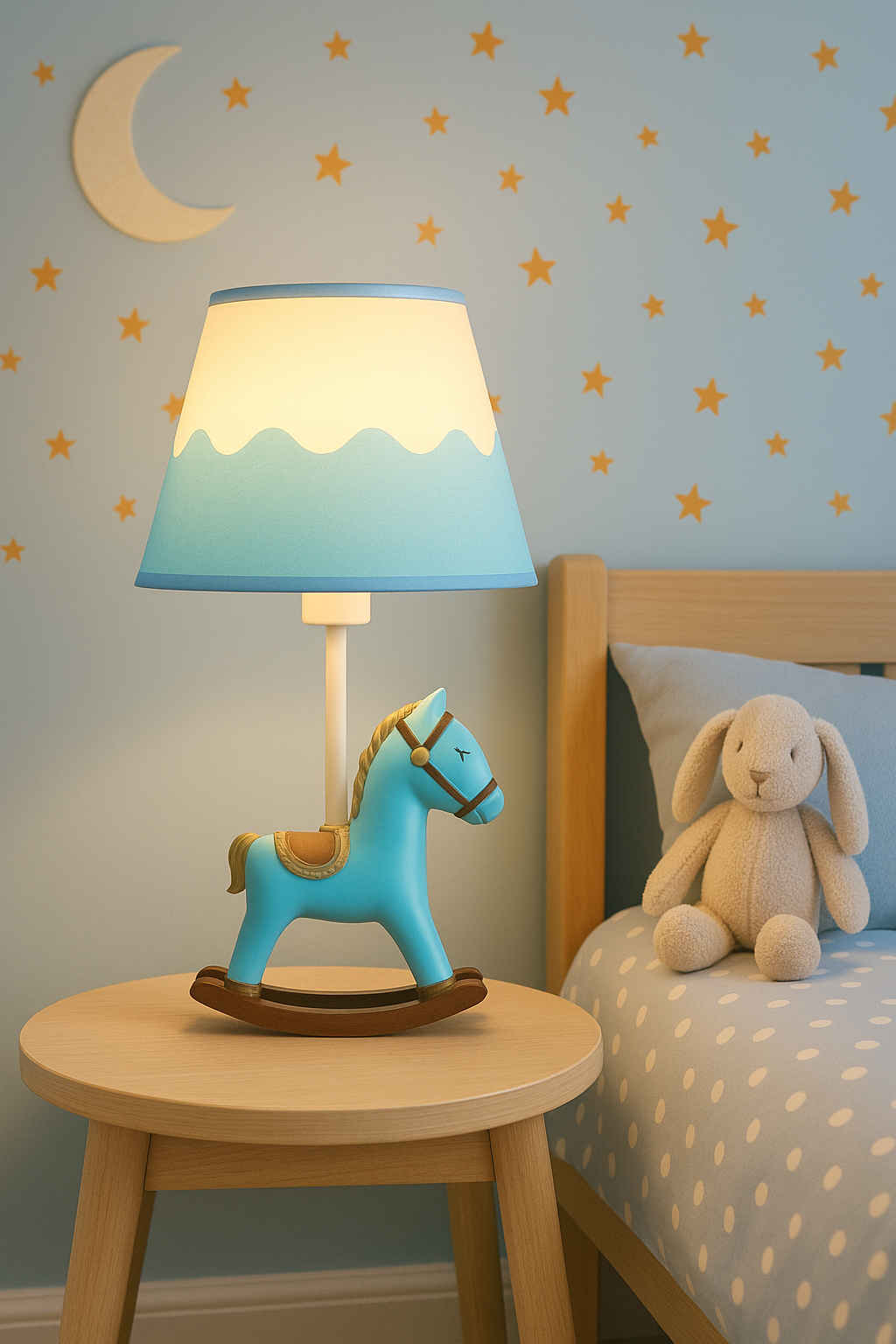 Lampada da Comodino per Bambini – Lampada da Tavolo con Cavallo Blu, Attacco E27, Paralume Decorativo, Luce Notturna Cameretta, Max 60W D09-BU