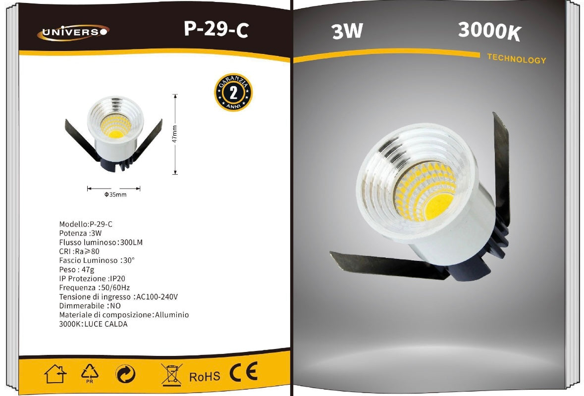 Faretti LED da Incasso 3W, Kit da 5 Pezzi, COB LED 300 lm, Foro Ø35 mm, 3000K/4000K/6500K, Fascio 30°, AC 100-240V, Corpo in Alluminio, Faretto da Soffitto per Casa, Negozi e Uffici,P-29