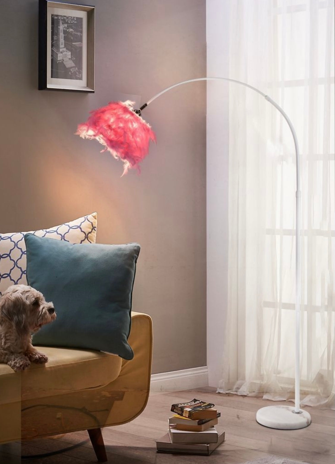 Lampada da Terra con Paralume in Piuma Rosa – Design Moderno Decorativo, Attacco E27 Max 60W, Arco Curvo, Lampada da Pavimento per Soggiorno e Camera D26-RS