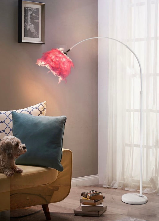 Lampada da Terra con Paralume in Piuma Rosa – Design Moderno Decorativo, Attacco E27 Max 60W, Arco Curvo, Lampada da Pavimento per Soggiorno e Camera D26-RS