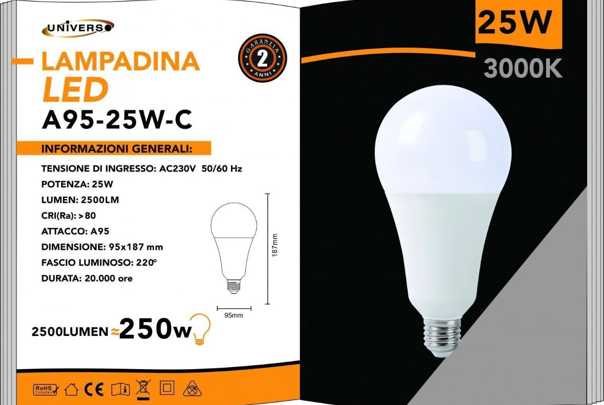 Lampadine LED E27 A95 25W 6 Pezzi, 2500LM, Naturale 4000K, Grande Formato A95, Alto Risparmio Energetico, Accensione Istantanea, Serie A95-25W
