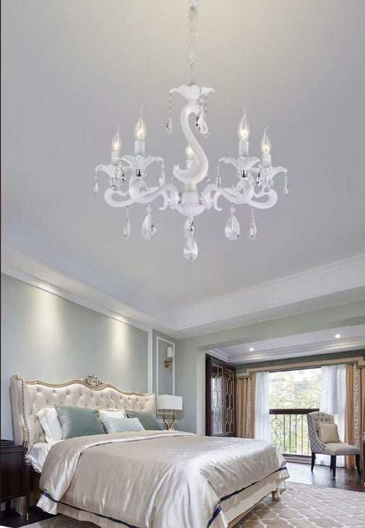 TEKHOME Lampadario Sospeso Moderno a 5 Bracci con Paralumi in Vetro, Design Lineare e Struttura Bianca, Attacco E14 60W, per Soggiorno Cucina Camera, 60cm, Bianco (Senza Lampadine) A15-5