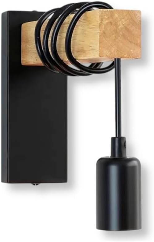 Applique da parete in legno e metallo, attacco E27, design vintage nero e legno naturale, per soggiorno, camera da letto, corridoio, 1xE27 (lampadina non inclusa) AQ64-N