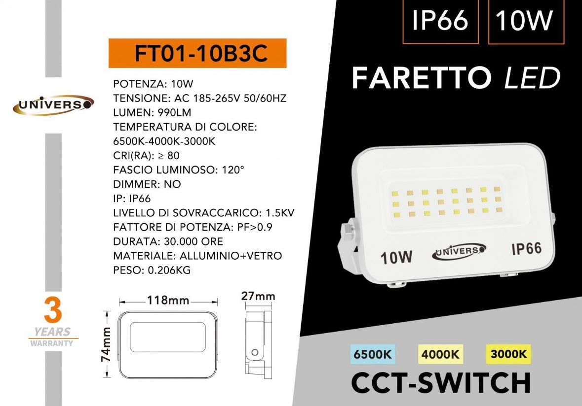 Faro LED Esterno CCT IP66 – 10W/20W/30W/50W/100W/200W – Selettore 3000K-4000K-6500K – Faretto LED da Esterno in Alluminio, Bianco o Grigio FT01