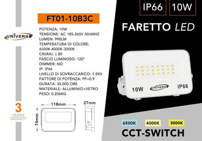 Faro LED Esterno CCT IP66 – 10W/20W/30W/50W/100W/200W – Selettore 3000K-4000K-6500K – Faretto LED da Esterno in Alluminio, Bianco o Grigio FT01