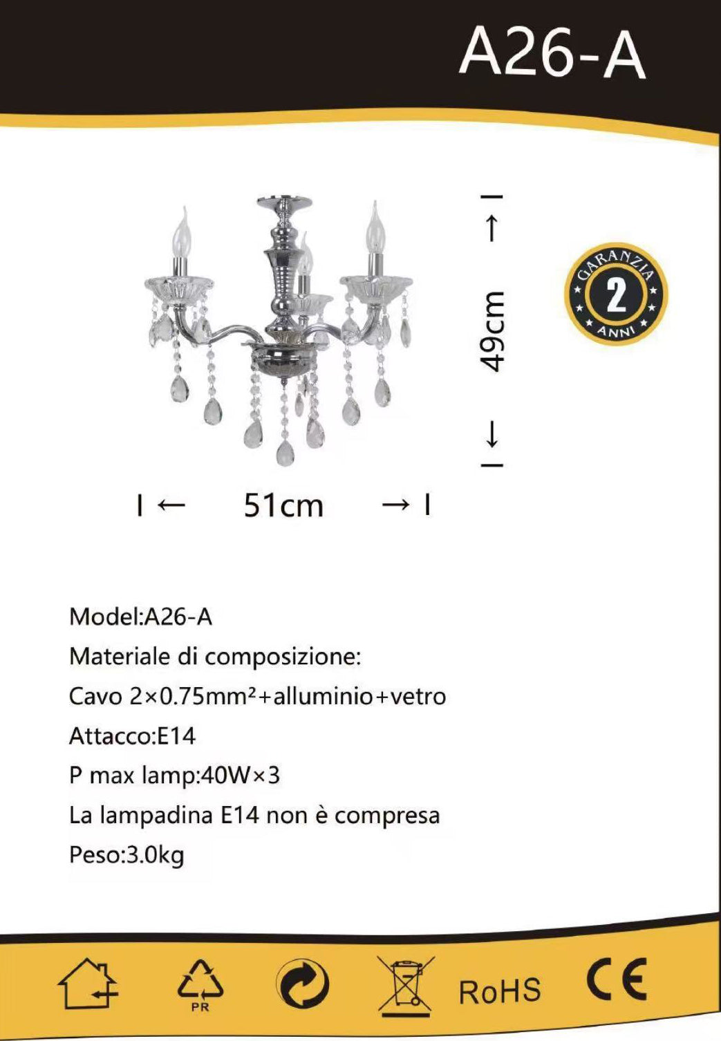 TEKHOME Lampadario Sospeso a 3 Luci Stile Candela con Cristalli, Design Classico, Attacco E14 40W, per Ingressi e Camere, Disponibile in Oro e Cromo, 51cm (Senza Lampadine) A26