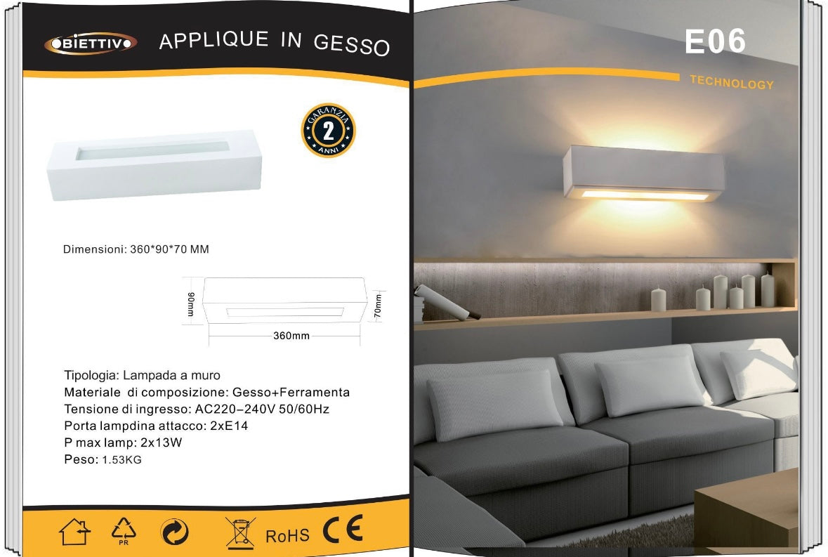 Applique in Gesso da Parete Bianco, Luce Indiretta Up&Down, Verniciabile, Attacco 2xE14, Lampada da Muro Moderna per Interni – GS-E06