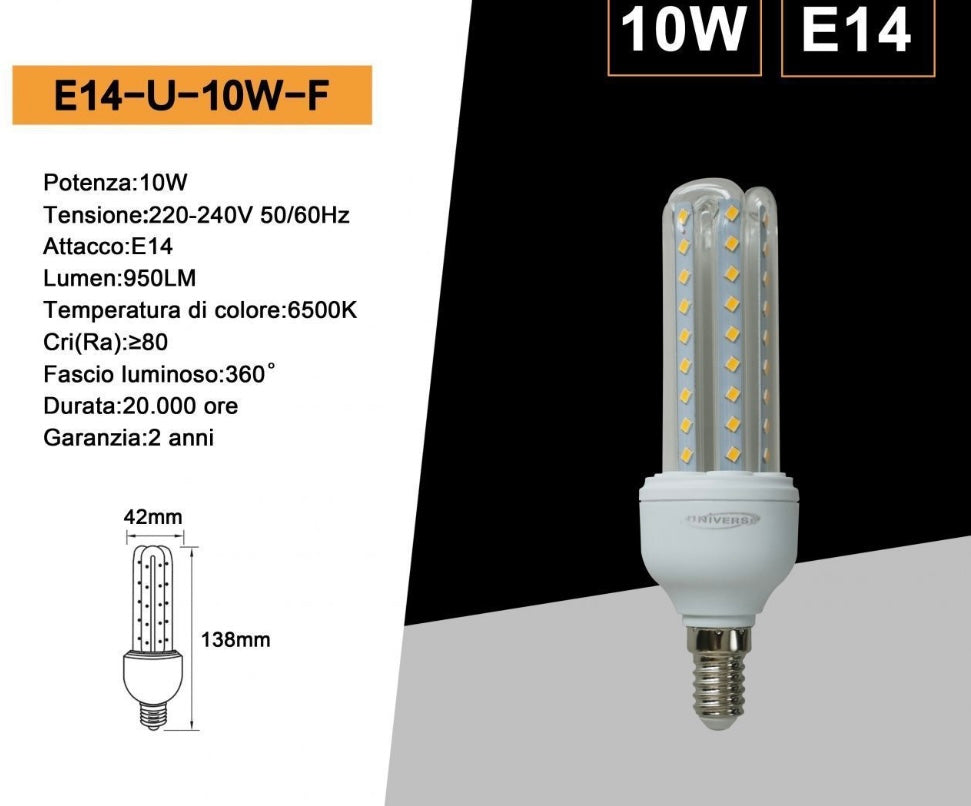 Lampadine LED E14 10W, Confezione da 10 Pezzi, 950LM, 3000K/4000K/6500K, Luce Calda, Naturale e Fredda, Lampadina LED a U, CRI>80, Illuminazione 360°, Risparmio Energetico, Modello E14-U-10W
