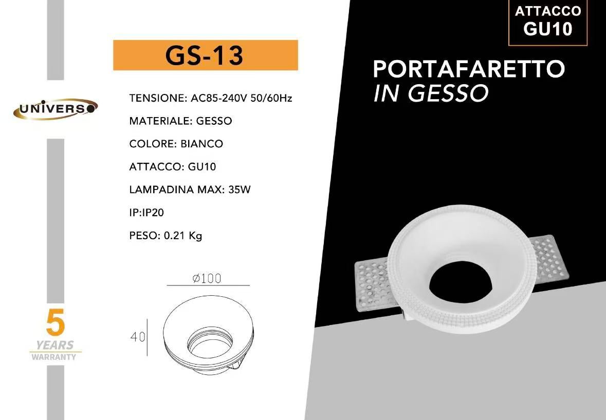Portafaretto in Gesso da Incasso GU10 Ø100 mm – Supporto Faretto Verniciabile per Cartongesso, Bianco, IP20 (Lampadina Non Inclusa) GS-13