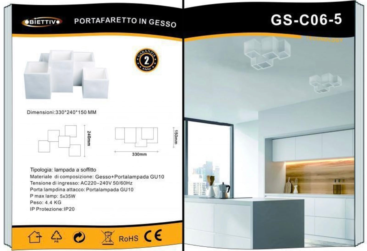 Lampada da Soffitto in Gesso Moderna – 5 Luci GU10 – Verniciabile – Plafoniera Design Geometrico per Soggiorno Cucina Corridoio – IP20 GS-C06-5