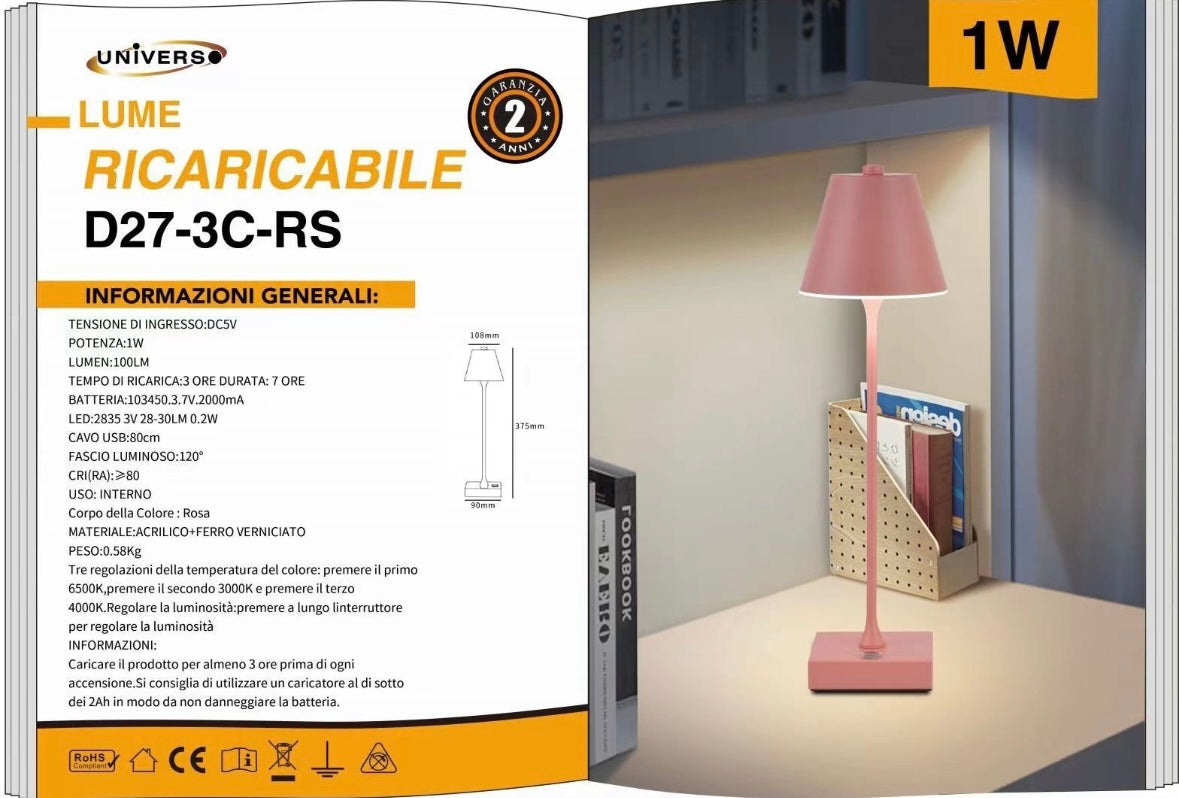 Lampada da Tavolo Ricaricabile LED  – Senza Fili, 3 Temperature di Colore, Dimmerabile Touch, USB, Moderna per Ristorante, Camera, Comodino D27-3C