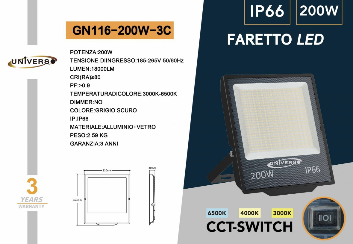 Faretto LED da Esterno IP66 GN116 – 30W / 50W / 100W / 200W, CCT Switch 3000K 4000K 6500K, Faro LED Impermeabile, Corpo in Alluminio, Luce Potente per Giardino Cortile Garage