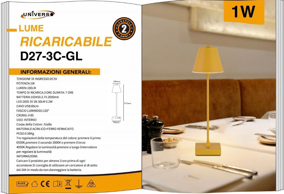 Lampada da Tavolo Ricaricabile LED  – Senza Fili, 3 Temperature di Colore, Dimmerabile Touch, USB, Moderna per Ristorante, Camera, Comodino D27-3C