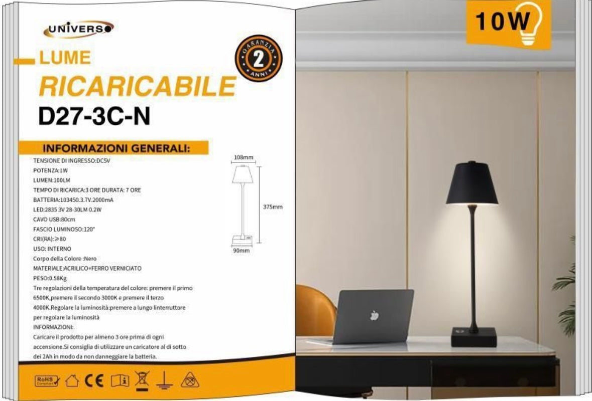 Lampada da Tavolo Ricaricabile LED  – Senza Fili, 3 Temperature di Colore, Dimmerabile Touch, USB, Moderna per Ristorante, Camera, Comodino D27-3C