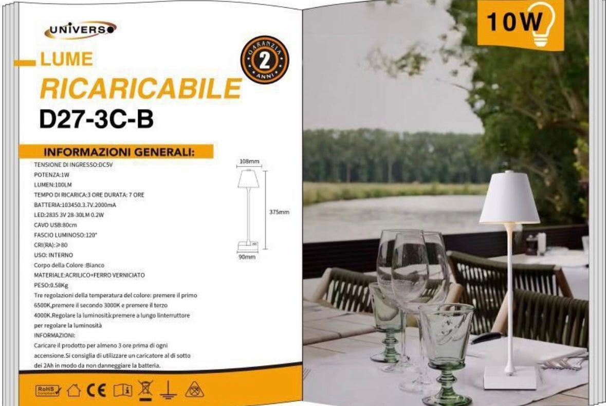 Lampada da Tavolo Ricaricabile LED  – Senza Fili, 3 Temperature di Colore, Dimmerabile Touch, USB, Moderna per Ristorante, Camera, Comodino D27-3C