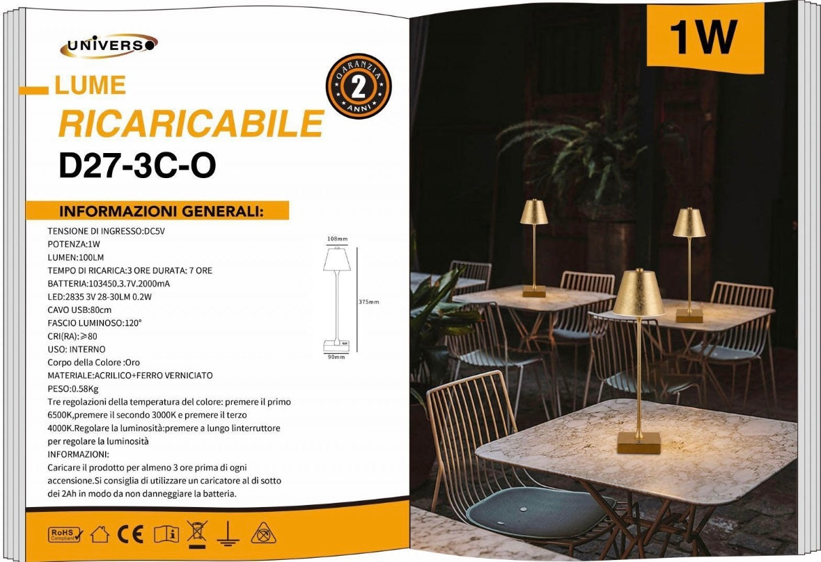 Lampada da Tavolo Ricaricabile LED  – Senza Fili, 3 Temperature di Colore, Dimmerabile Touch, USB, Moderna per Ristorante, Camera, Comodino D27-3C