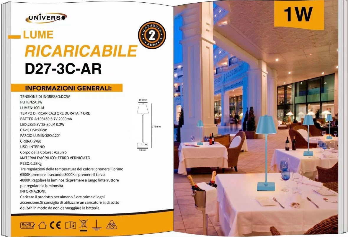 Lampada da Tavolo Ricaricabile LED  – Senza Fili, 3 Temperature di Colore, Dimmerabile Touch, USB, Moderna per Ristorante, Camera, Comodino D27-3C