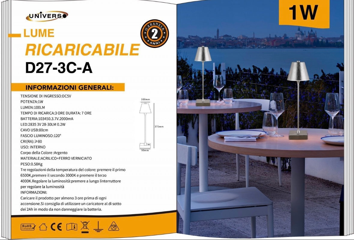 Lampada da Tavolo Ricaricabile LED  – Senza Fili, 3 Temperature di Colore, Dimmerabile Touch, USB, Moderna per Ristorante, Camera, Comodino D27-3C