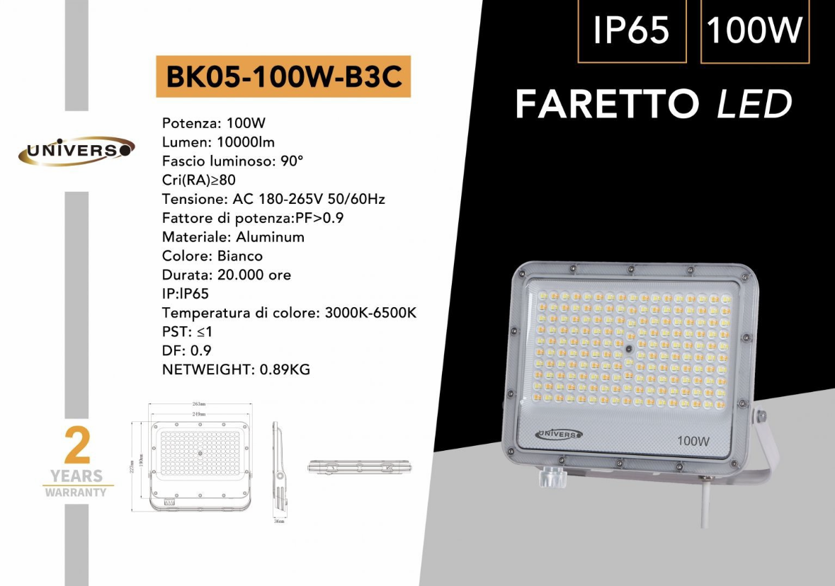 Faretto LED da Esterno BK05 CCT IP65 – 30W 50W 100W 150W 200W, Faro LED Impermeabile 3000K/4000K/6500K, Luce Bianca, Illuminazione Esterni Giardino Cortile Facciata BK05