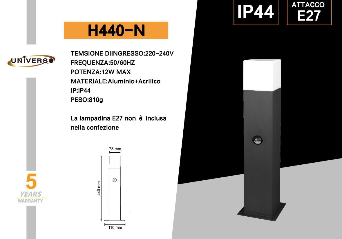 Lampione da Giardino Esterno E27 IP44, Palo Luce LED da Terra in Alluminio per Vialetti, Cortile, Patio, Terrazzo – Altezza 44cm – Compatibile Lampadina E27 (Non Inclusa) H440