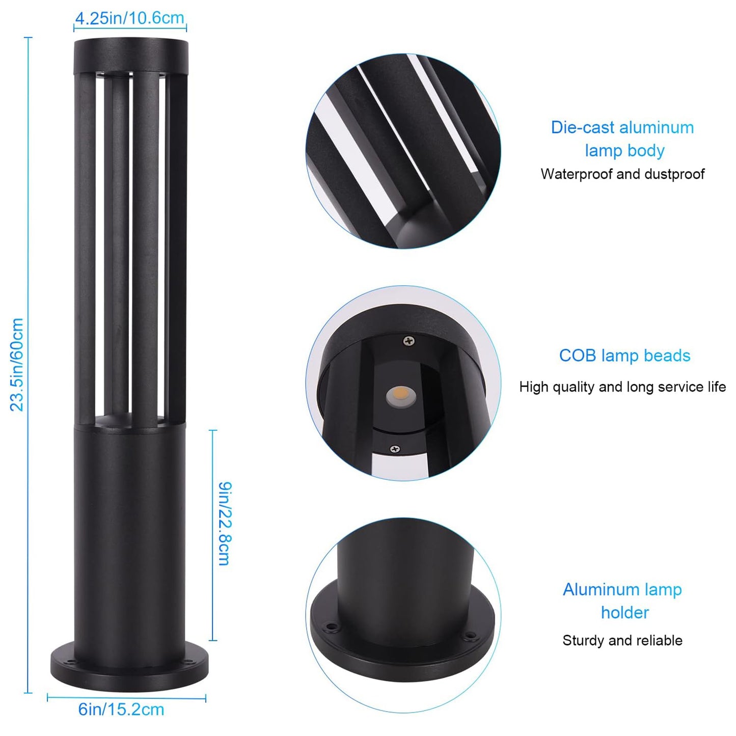 Lampada da giardino IP65 12W per esterno, bollard light in alluminio+vetro, 600lm, 3000K/4000K/6500K – Serie ES28